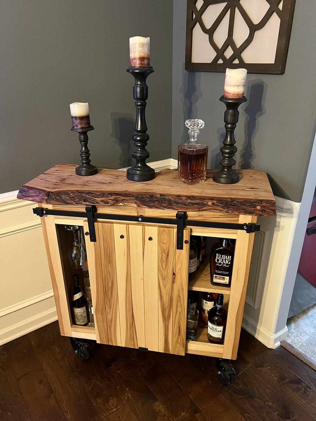 Barn door bar cabinet, Live edge top, sliding doors