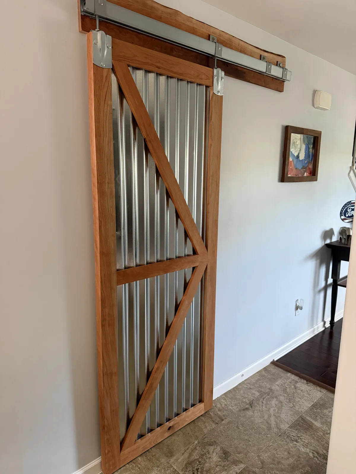 Sliding barn door, Cherry frame, corrugated steel panel