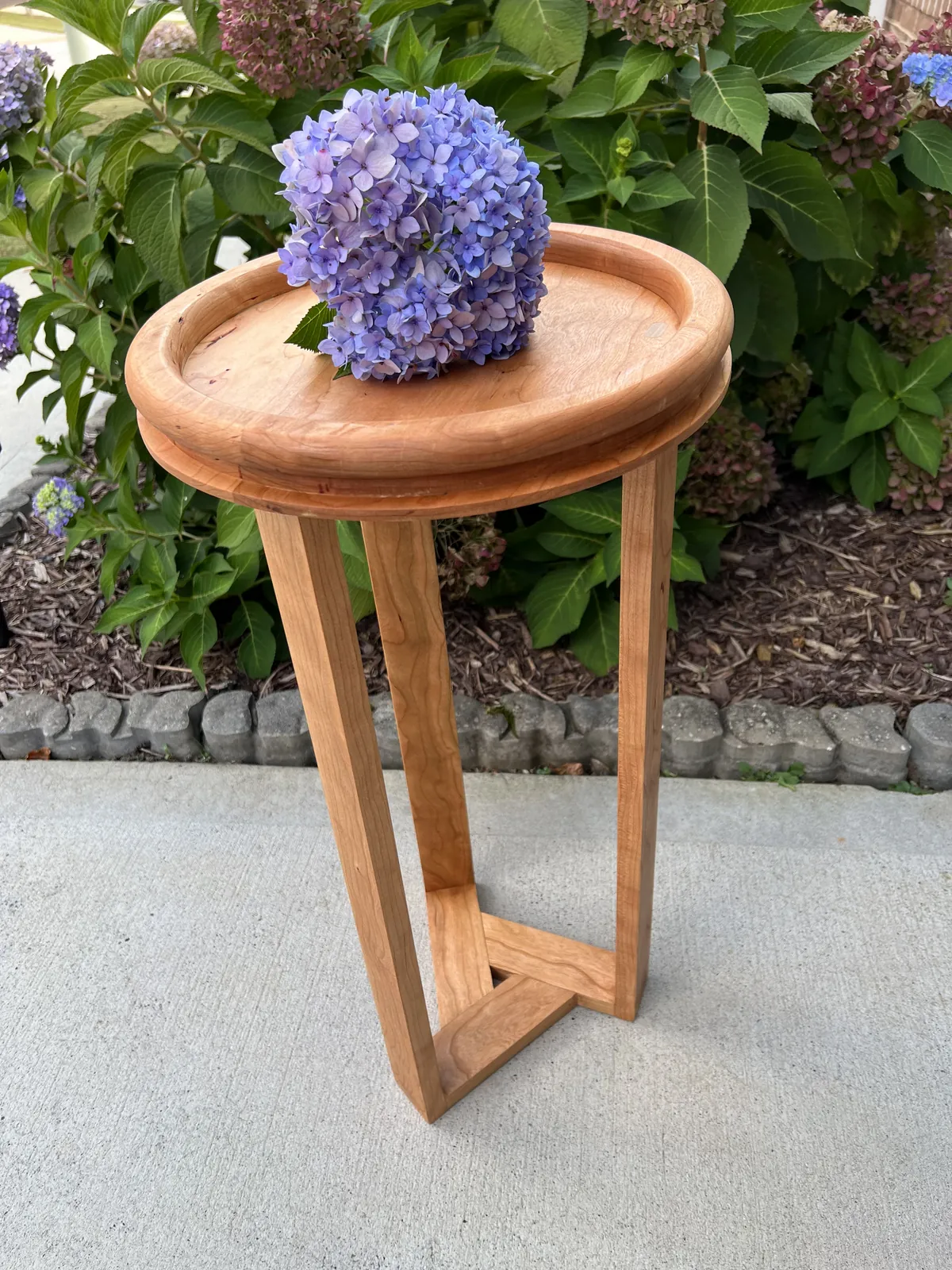 Cherry plant stand, Turned tray top, three-leg base