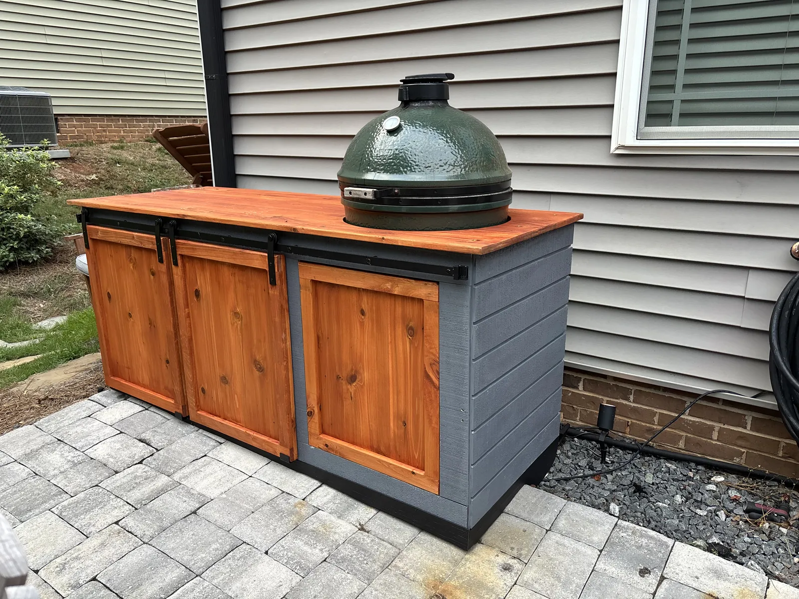 Outdoor grill cabinet, Cedar doors, kamado cutout, weatherproof