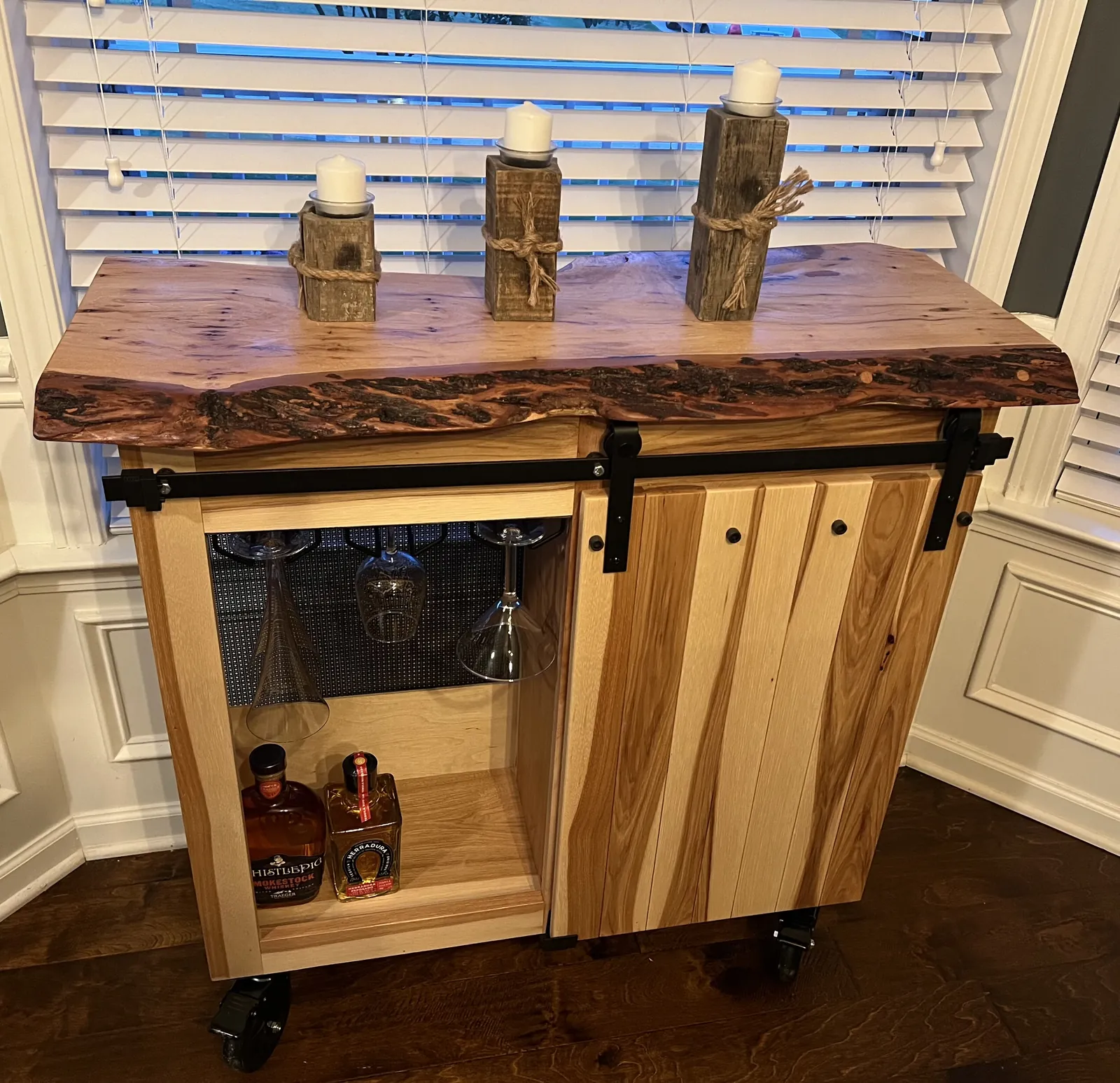 Live edge bar cart, Hickory, sliding barn door, casters