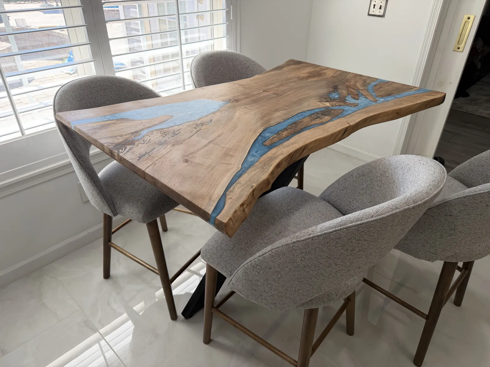 Blue river dining table, Live edge maple, blue resin, black steel base
