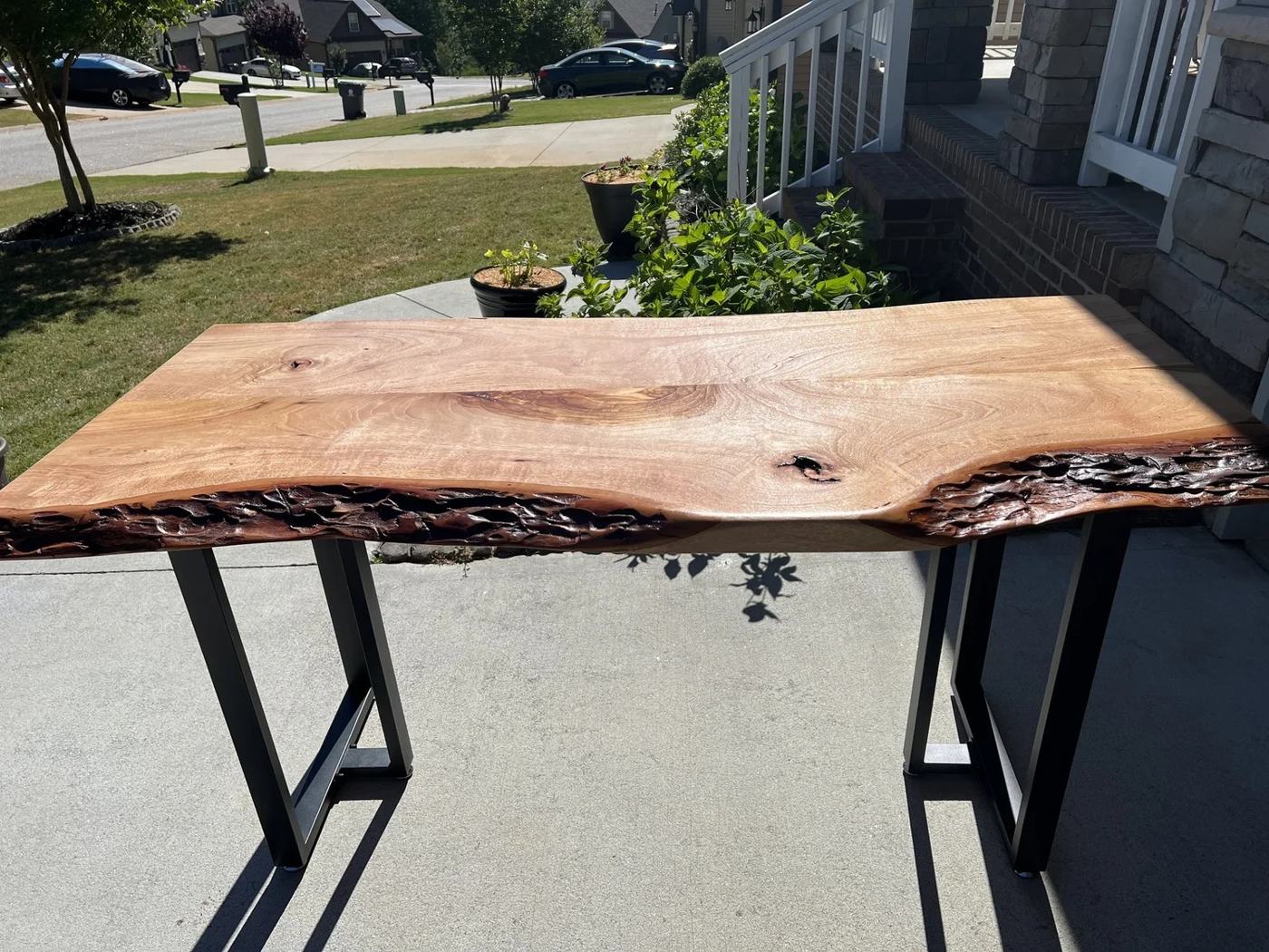 Live edge console, Natural edge slab on steel legs