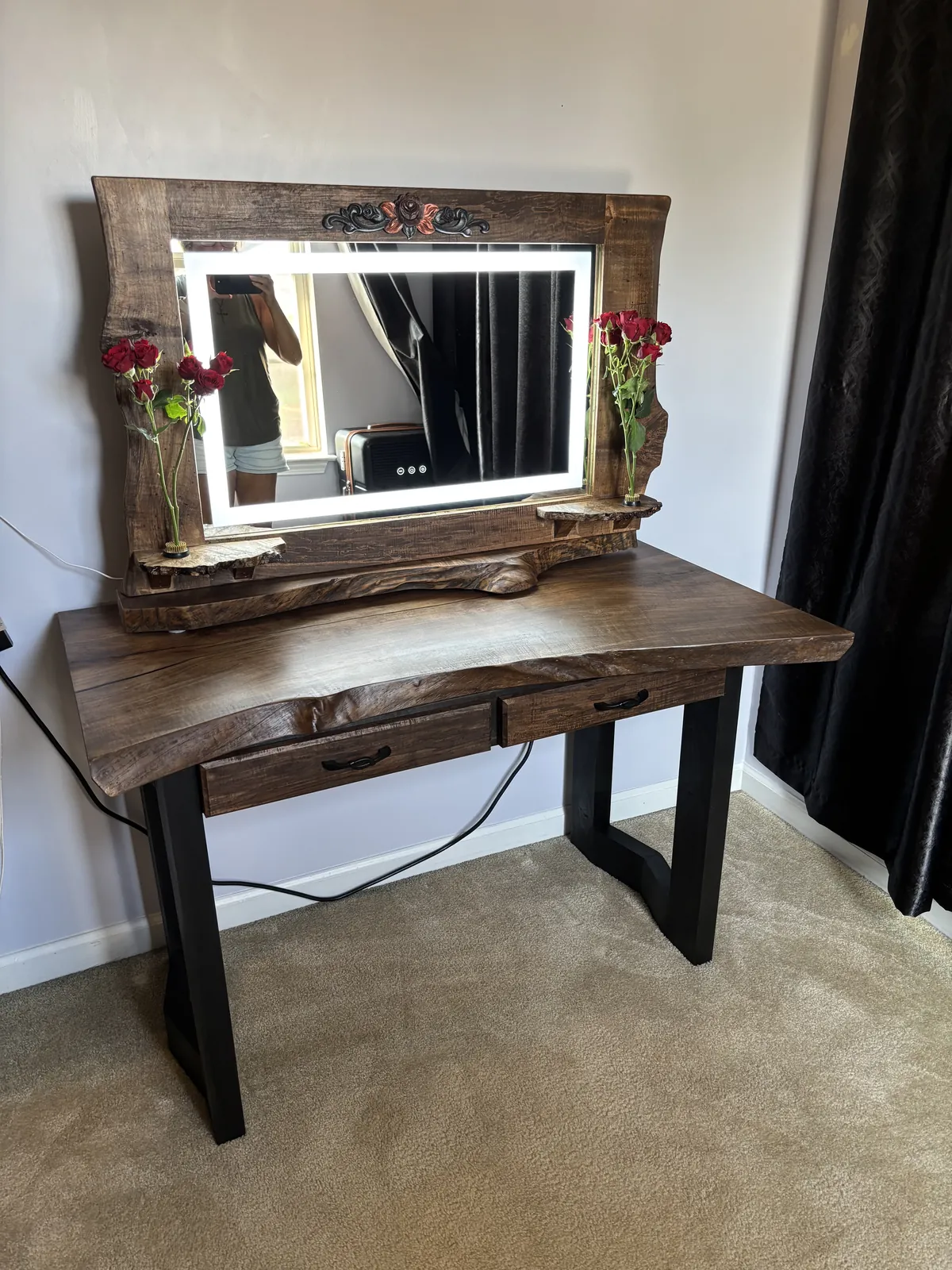 Live edge vanity, Lighted mirror, two drawers, steel legs