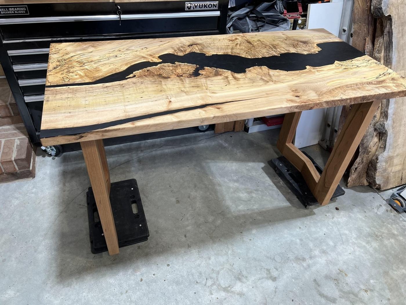 Resin river desk, Spalted slab, black resin channel