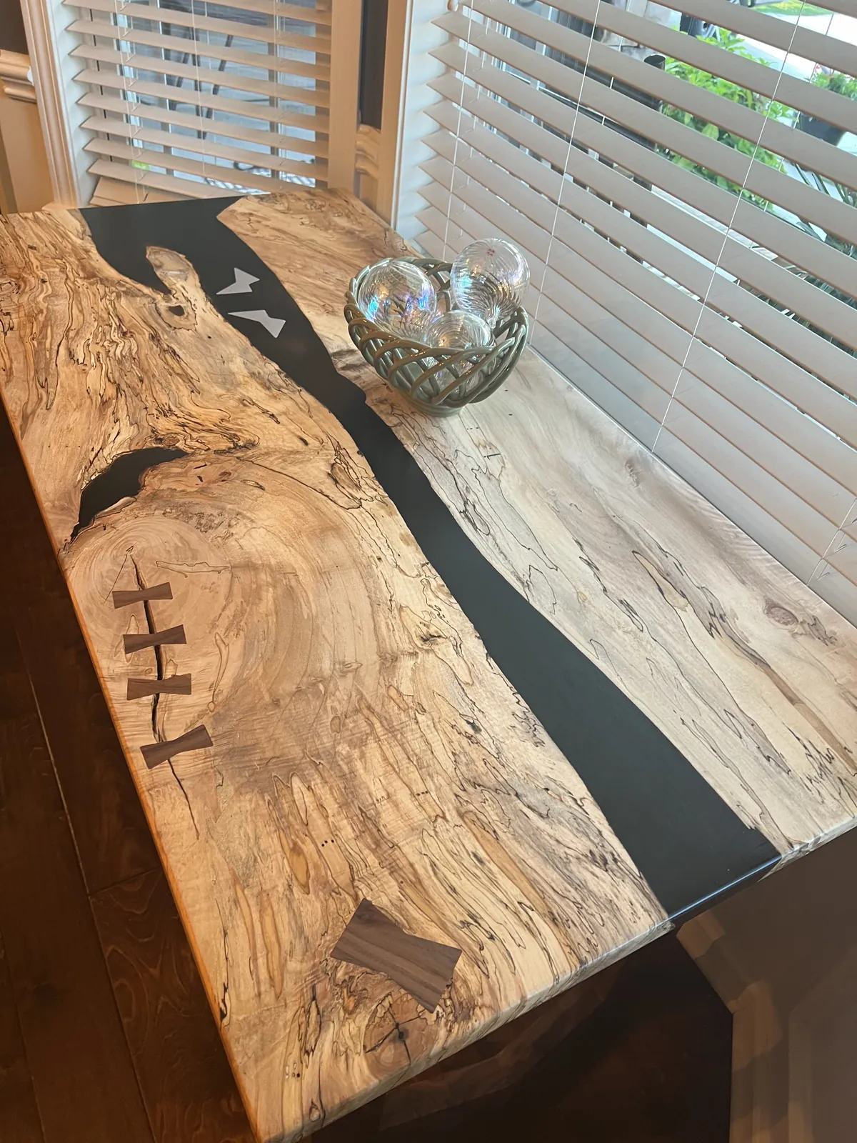 Spalted maple river table, Black resin channel, walnut butterfly keys
