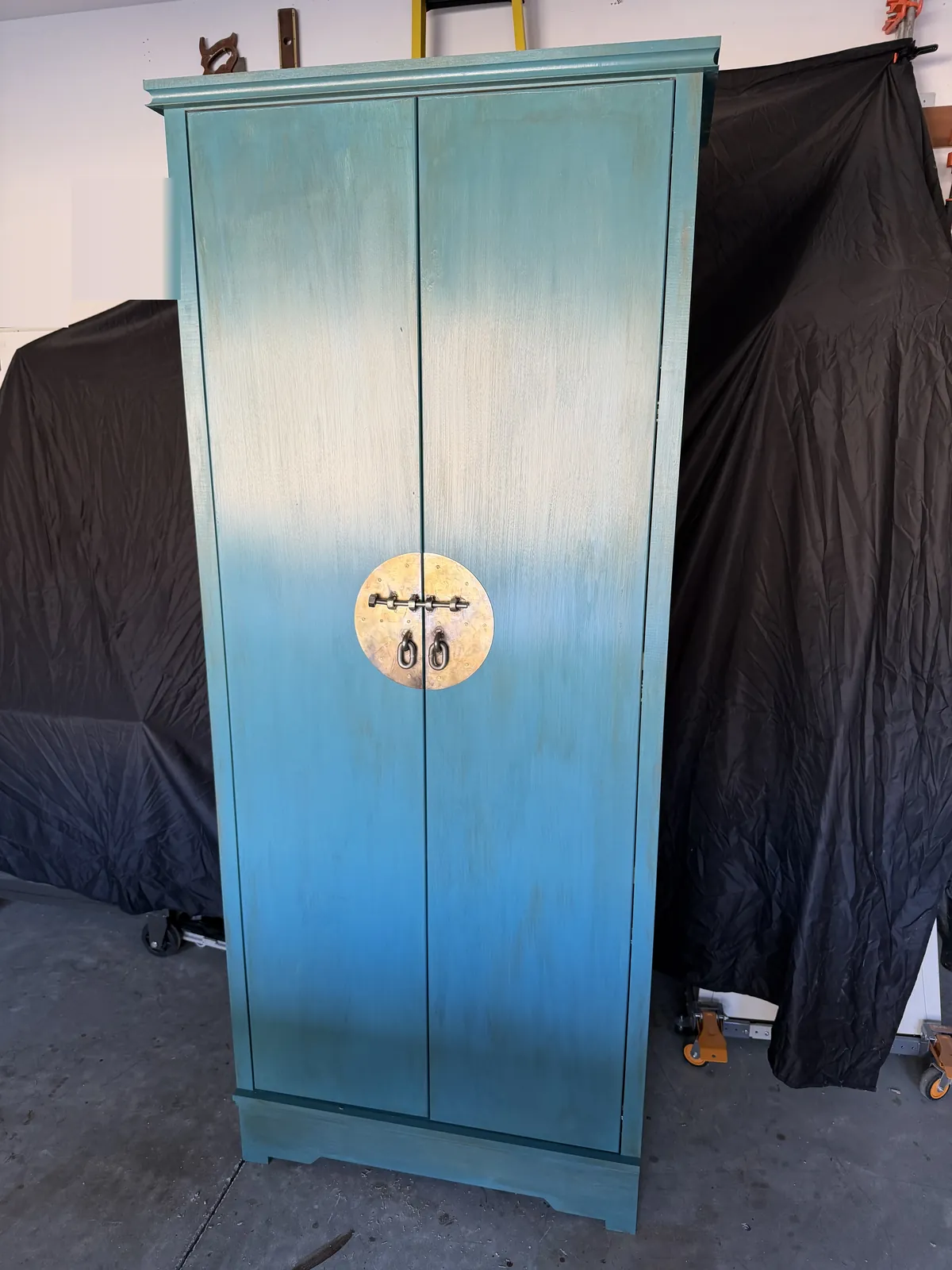 Teal ombre armoire, Hand-painted fade, brass medallion hardware