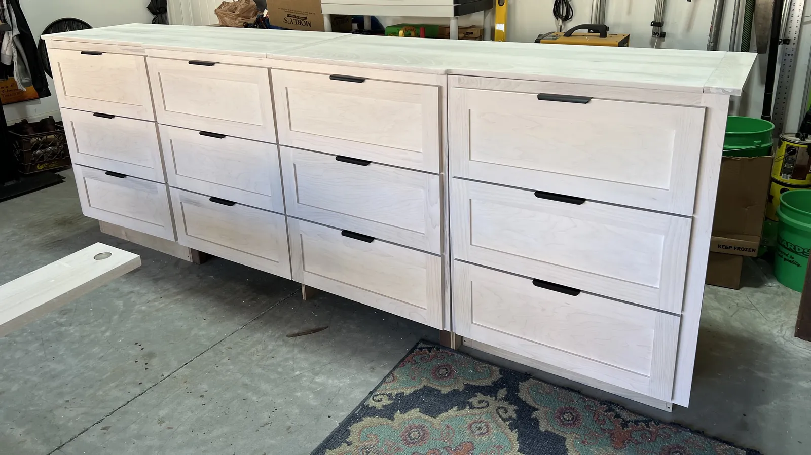 Whitewashed maple dressers, Twelve-drawer bank, Shaker fronts